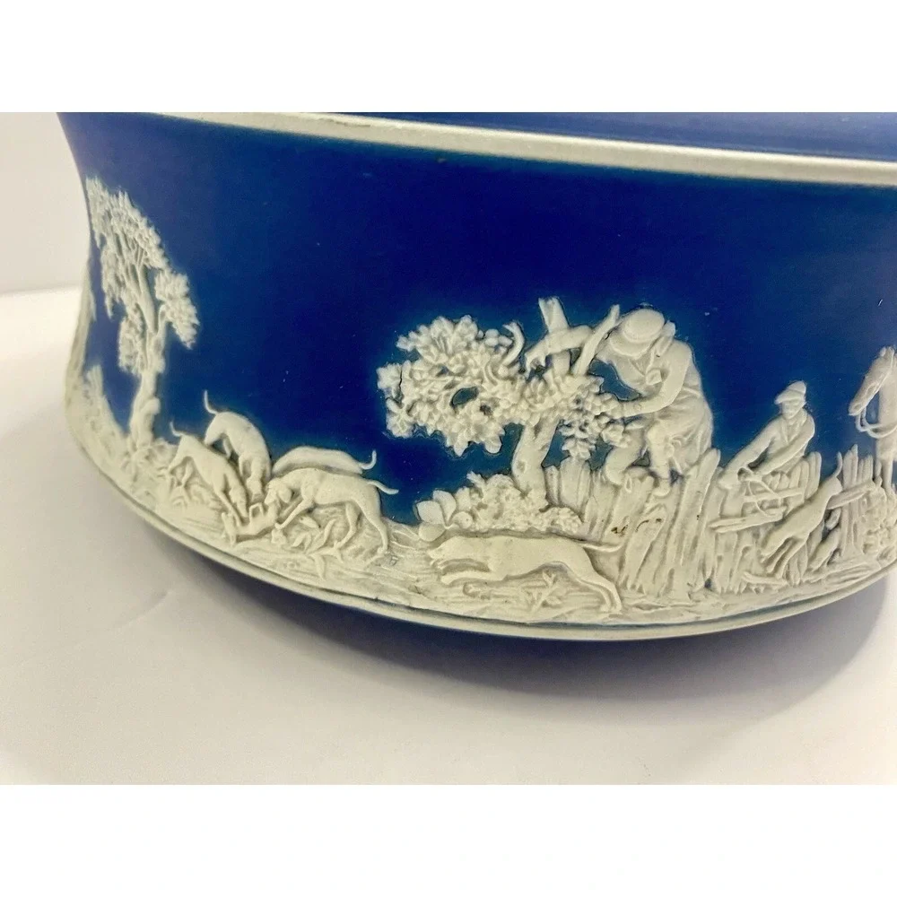 Antique Adams Tunstall Dark Blue Jasperware Bowl Dish Dogs Horses Scene See Pics